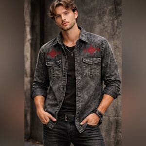 Affliction Black Acid Wash Button Up Shirt Red Embroidered Crosses Mens